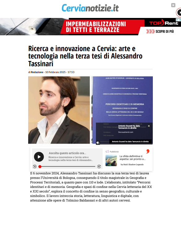 Ricerca e innovazione a Cervia: arte e tecnologia nella terza tesi da 110 e lode del forlivese Alessandro Tassinari